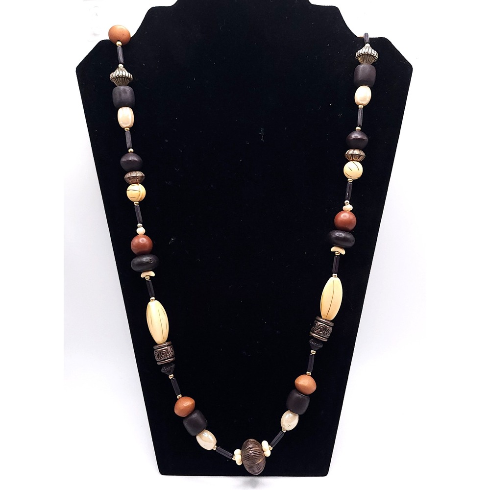Casual Corner Long Bohemian Beaded Necklace Brown Cream Wood Acrylic 38in